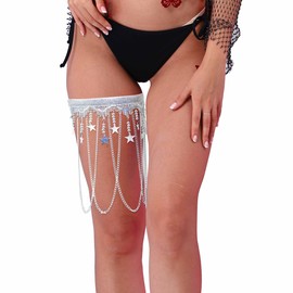 deladola Adjustable Leg Garter Rave Sparkly Star Leg Wraps Silver Tassel Sequin Thigh Garters Party Festival for Women (Silver Star)