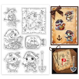 GLOBLELAND Ocean Pirate Animals Clear Stamps Treasure Map Silicone Clear Stamp Transparent Stamps for DIY Scrapbooking and Cards Making Photo Album Journal 6.3x4.33inch