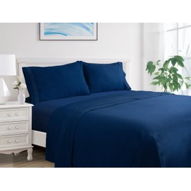 FONFLAIRE Queen Size Solid Cooling & Breathable 4 Piece Bedding Sheet Set - Brushed Microfiber - Shrinkage and Fade Resistant - Deep Pocket (Navy Blue, Queen)