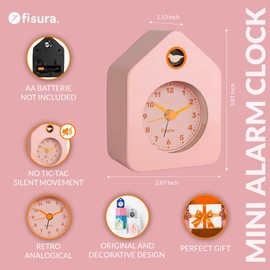 Fisura – Mini House Alarm Clock Pink. Analog Alarm Clock with no Ticking, Original Alarm Clock. Small Alarm Clock. Dimensions: 3.8 in x 2.9 in x 1.8 in. 1 AA Battery