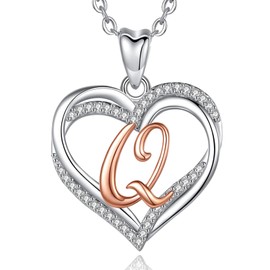 INFUSEU Initial Q Pendant, Rose Gold Letter Double Heart Necklace Cubic Zirconia CZ Name Jewellery Romantic Gifts For Women Girlfriend Wife, 20 Inch Chain