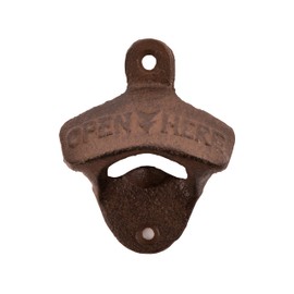 Twine Wall Mounted Bottle Opener with Open Here Slogan and Distressed Finish - Iron Bottle Opener, Brown, Set of 1