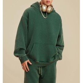 OSACOD Mens Oversized Hoodies Pullover Vintage Sweatshirt Acid Wash Heavyweight Plush Cotton Baggy Streetwear Top Athletic (DarkGreen-L)