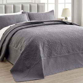 Qucover California King Bedspreads 128x120, Soft Microfiber Ultrasonic Lightweight Dark Grey Oversized King Quilt, 3 Piece Reversible Paisley Pattern Cal King Quilt Set, Grey