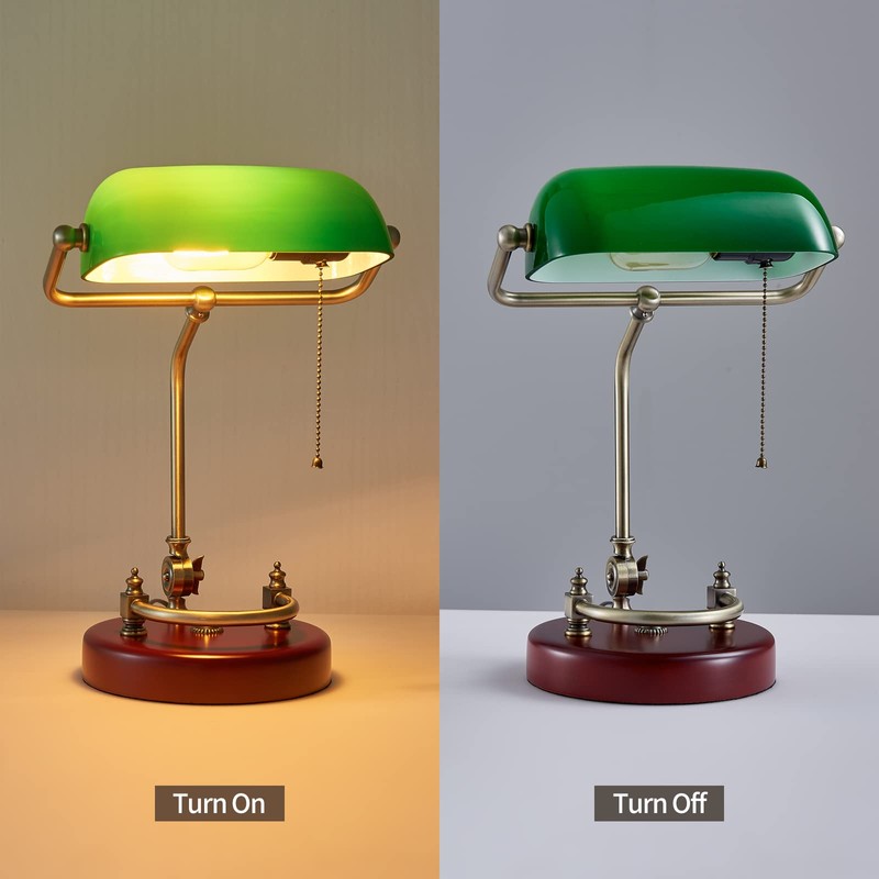 Bankers Lamp, Traditional Green Desk Lamp with Solid Birch Wood