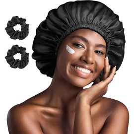 FOLAI Seidenkappe, Seidenkappe, lockiges Haar, Nachtmütze aus Satin, elastisch, lockig, geeignet für Frauen und Mädchen (schwarz)