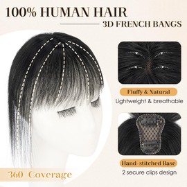 Bangs Hair Clip,360° 3D Cover Real Jet Black Clip in Bangs Human Hair Toppers for Women With Wispy Bang Daily Wear