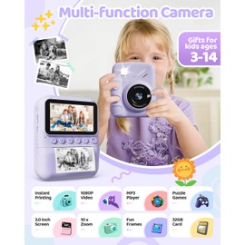 TIATUA Kids Camera Instant Print for Girls Ages 3-14, 3-inch HD Screen Camera for Kids with Printing Paper, 1080P Digital Toddler Toys for 4 5 6 7 8 9 10 11 12 Years Old (Purple)