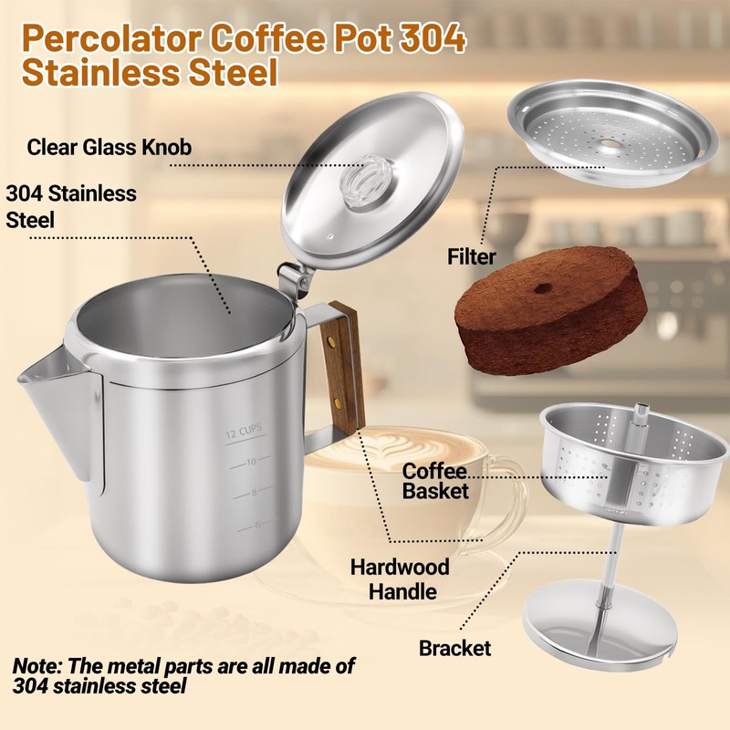 Vaolvpant No Coating 12 Cup Percolator Coffee Pot 304 Stainless