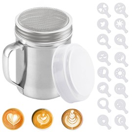 Powder Shaker Stainless Steel Chocolate Powder with Fine Mesh Sieve Sifter Icing Sugar Duster with Handle and Lid with 16 Moulds for Cappuccino Cocoa Creams Coffee Spice
