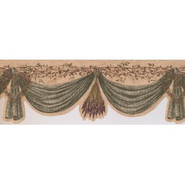 Olive Green Curtain Wreath Berries on Vine Vintage Wallpaper Border Retro Design, Roll 15' x 8"
