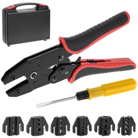 QWORK Crimping Tool Ratcheting Wire Crimper Set, with 6 AWG-Marked Crimp Dies Supports Heat Shrink Connectors, Solar Connectors