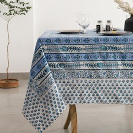 Labhanshi Blue Indian Handblock Print Floral Cotton Rectangle 72x135 Inch 10-Seater Dining Tablecloth|Washable Fade-Resistant Thanksgiving Picnic Outdoor Camping Festive Holiday Fall Table Cover|Blue