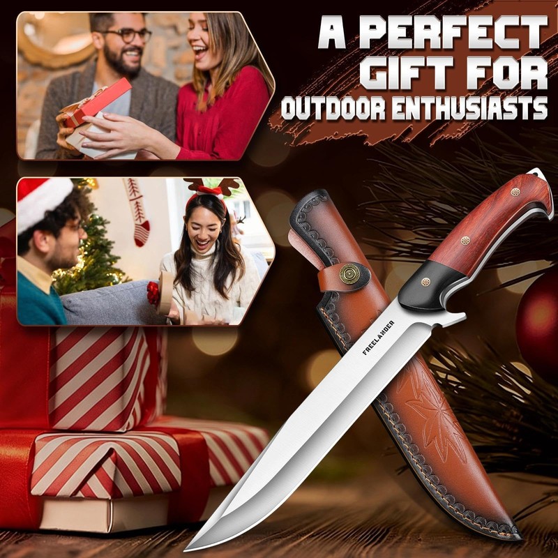 Hunting Knife with Leather Sheath, Full Tang Fixed Blade Knife