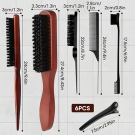 Gykutix 11-Piece Hog Bristle Brush for Sleek Bun Brush, Beard Brush, Edges Brush, Toupee Brush, Handle Comb, Hair Clips, Hair Brush with Wooden Handle, Hair Brush Set for Women, Men, Hairdressers