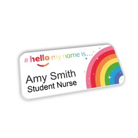 Rainbow Text Rainbow and Stars Logo Hello My Name is Name Badge 76 x 32 mm Doctor Student Doctor GP Healthcare Assistant Nurse Practitioner Clinical Medical