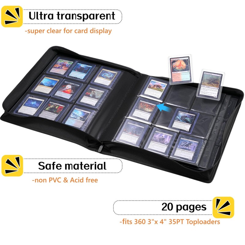 9-Pocket Trading Card Toploader Binder, Holds 360 3"x 4" 35PT