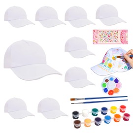 Tulov Pack of 10 DIY Children's Caps, White DIY Baseball Caps, Children's Caps with 12 Colours & Brushes & Palette & Colourful Stickers, Caps for Painting Children Suitable as a Gift for Children