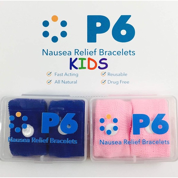P6 Health Original Natural Anti-Nausea Relief Motion Car Sea Sickness Children's Wrist Bands for Kids 2 Pack Pink and Royal Blue