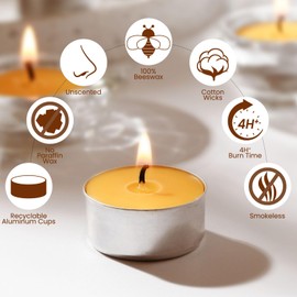 100-Pack Pure Beeswax Tealight Candles in Aluminum Cups - 4-5 Hour Burn Time, Lead-Free Cotton Wick, Natural Unscented Candles