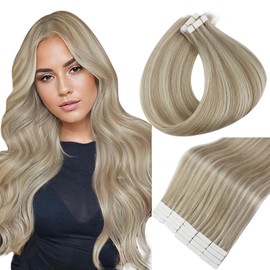 Full Shine Seamless Tape in Hair Extensions Human Hair Color 18/613 Ash Blonde Highlight with Platinum Blonde Tape in Hair Extensions 18 Inch Skin Weft Extension 50G 20 Pcs Natural Straight