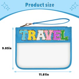 Ebbniur Chenille Letter Clear Bag, Travel Makeup Letter Bag with Zipper, Waterproof Transparent PVC Cosmetic Bag, Cute Snacks Bag Portable Stuff Bag for Women (Blue TRAVEL)