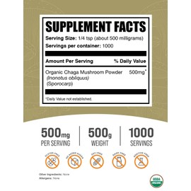 BulkSupplements.com Organic Chaga Mushrooms Powder - Chaga Mushroom Supplement, Superfood Supplement - Vegan & Gluten Free, 500mg per Serving, 500g (1.1 lbs) (Pack of 1)