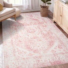 3x5 Washable Pink Area Rug, Upgraded Denser Surface Vintage Rugs, Honeycomb Non-Slip Backing Living Room Rug, Easy Care Foldable Rugs for Living Room Bedroom Kitchen Dinning Room Home Office