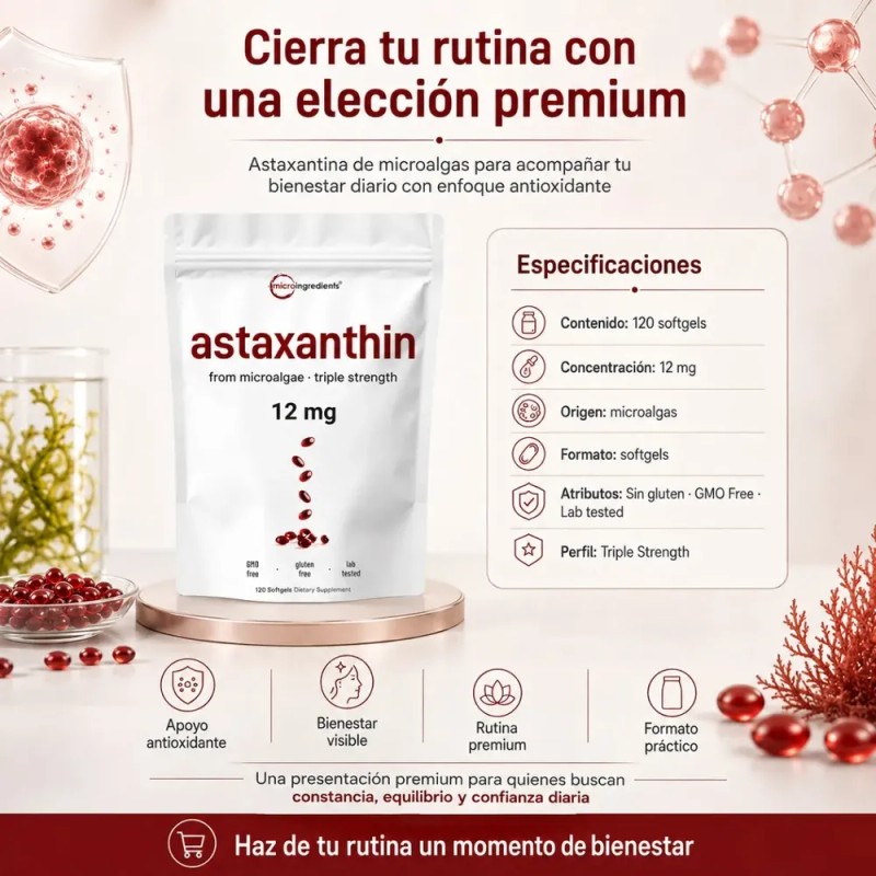 Astaxantina 12mg 120 Cápsulas Blandas Antioxidante Sin Sabor