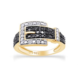 1/4 Carat Black & White Natural Diamond Anniversary Belt Buckle Ring In 14k Yellow Gold Over Sterling Silver (0.25 Cttw) Ring Size-6