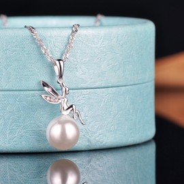 Yumilok Jewelry 925 Sterling Silver Cubic Zirconia Pearl Unique Angel Pendant Necklace for Women/Girls