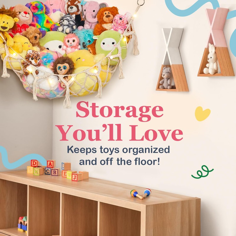 Stuffed Animal Storage Macrame Hammock w/String Lights, Large - Boho