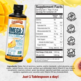 Barlean's Omega 3 Fish Oil Liquid Supplement with Vitamin D for Men and Women, 1080mg of EPA and DHA Fatty Acid, Promotes Brain & Heart Health - Non-GMO, Mango Peach, 16 oz