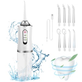 Irrigador Bucal, Limpieza Dental Portatil, 3 Modos de Limpieza y 8 Puntas, IPX7 impermeable, Limpiador Dental Recargable, Ideal para Viajar y para Uso Doméstico (Blanco)