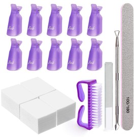 Gel Nail Polish Remover Kit,MORGLES 10pcs Nail Polish Remover Clips Cap 300pcs Nail Wipe Cotton Pads Nano Glass Nail File Cuticle Pusher Nail File Grit 100/180 and Brushes-Purple