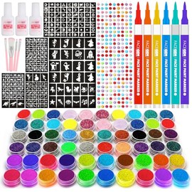 FACEGEM LONDON Ultimate 60 Colour Glitter Tattoo Kit, 60 Colour Glitter Tattoos, 200+ Stencils, 1000+ Rhinestones, Glitter Tattoos, Festival and Party Set (including 20 neon glitters)