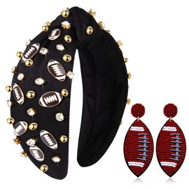 Jeweled Rhinestone Knotted Headband for Women Football Mom - Enamel Football Charm Accessory, Sport Game Day Outfit