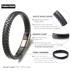 HALUKAKAH Kids ● Solo Junior ● Boy's Genuine Leather Bracelet Classic Black 6-12 Y/O. Black Titanium Magnetic Clasp Size Adjustable 7"-7.7"(18-19.5cm) with Free Giftbox