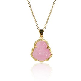 COLORFUL BLING 18k Gold Plated Laughing Buddha Pendant Necklace Green Jade Cubic Zirconia Gemstone Lucky Amulet Jewelry for Women Men-Pink 8