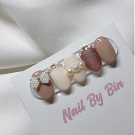 [Handmade Nail Tips] Ribbon Ten Beige Nails - Mini Oval / [수제네일팁] 리본텐베이지 네일 - 미니오벌