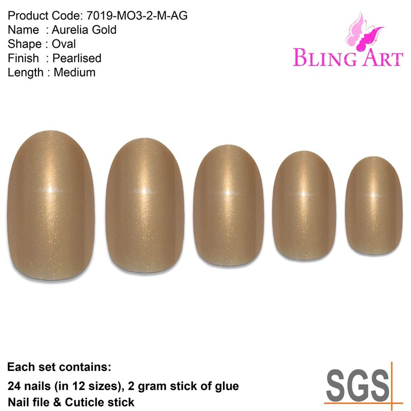 False Nail Bling Art Gold Pearl Oval 24 False Nails Tips