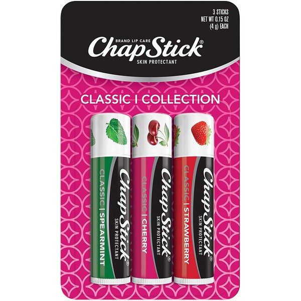 Chapstick Classic Cherry, Strawberry & Spearmint Flavor Skin Protectant Flavored Lip Balm Tube, (Each 3 Count of 0.15 oz Sticks) 0.45 oz