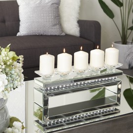 Deco 79 Wood Pillar 5 Plate Candle Holder with Mirrored Accents, 20" x 4" x 7", Silver