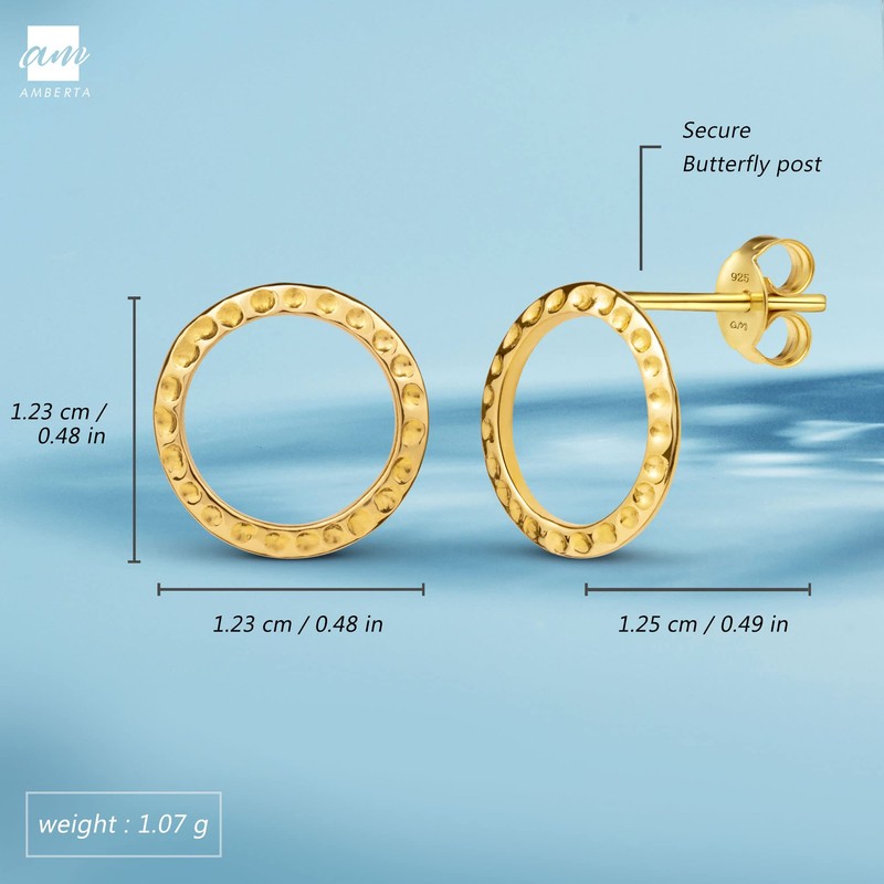 Amberta Women 925 Sterling Silver Minimalist Stud Earrings: Gold Plated