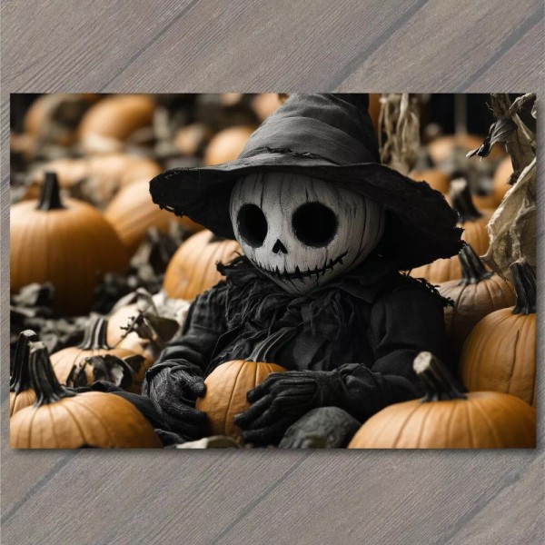 PaperMadDogScar POSTCARD Creepy Skull Faced Scarecrow Pumpkin Patch Spooky Halloween
