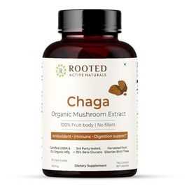 ROOTED Actives, Siberian Chaga Mushroom Extract, Certified Organic| 35% Beta Glucans - Lab Verified | Antioxidant & Vitality Support (180 Capsules)