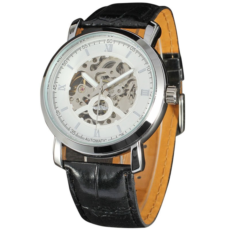Winner Calendar Hollow Automatic Mechanical Movement Causal Men Wristwatch(White Gold)