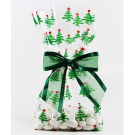 Saybrook Products Christmas Trees Holiday Cellophane Treat Party Favor Bags with Twist-Tie Organza Bow. Set of 10 Ready-to-Use, Gussetted 11x5x3 Goodie Bags with Green Bows.