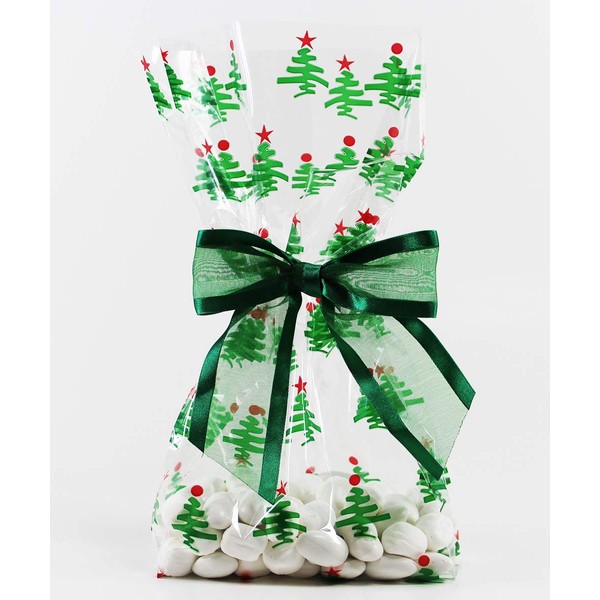 Saybrook Products Christmas Trees Holiday Cellophane Treat Party Favor Bags with Twist-Tie Organza Bow. Set of 10 Ready-to-Use, Gussetted 11x5x3 Goodie Bags with Green Bows.