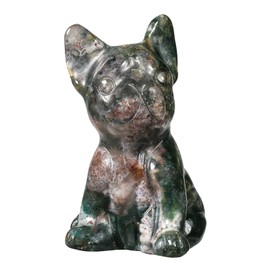 mookaitedecor Moss Agate Mini Crystal Stone Dog Figurine, Hand Carved Animal Puppy Statue Sculpture Decoration for Home Office Lucky Fortune Gift, Height 1.1-1.38"